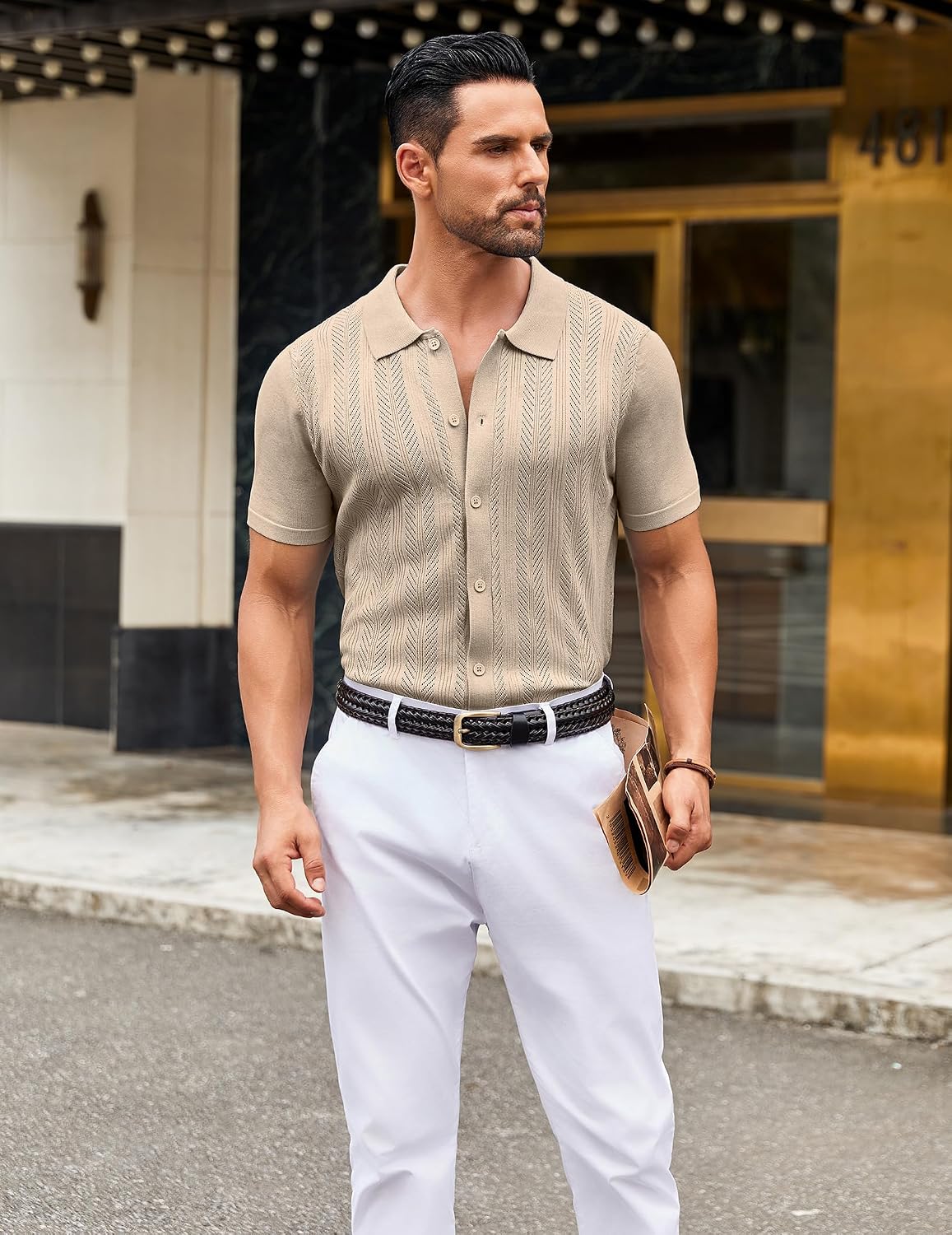 COOFANDY Men's Knit Shirt Short Sleeve Button Down Shirts Vintage Casual Summer Beach Shirts