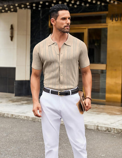 COOFANDY Men's Knit Shirt Short Sleeve Button Down Shirts Vintage Casual Summer Beach Shirts