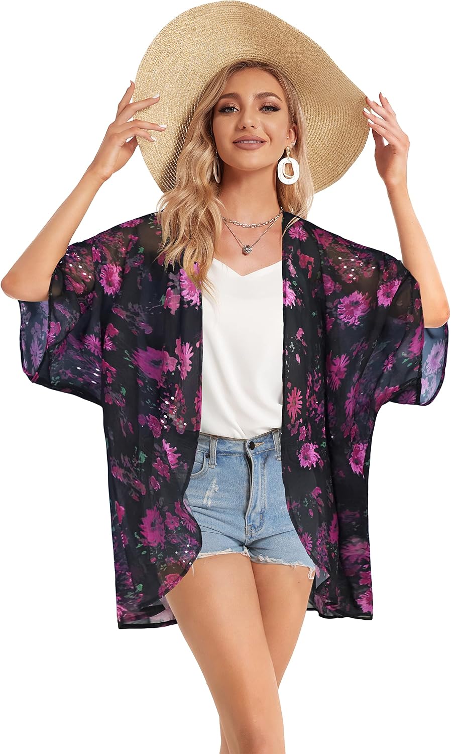 Women's Floral Print Puff Sleeve Kimono Cardigan Loose Cover Up Casual Blouse Tops 2026