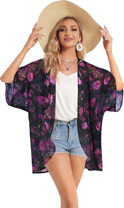 Women's Floral Print Puff Sleeve Kimono Cardigan Loose Cover Up Casual Blouse Tops 2026