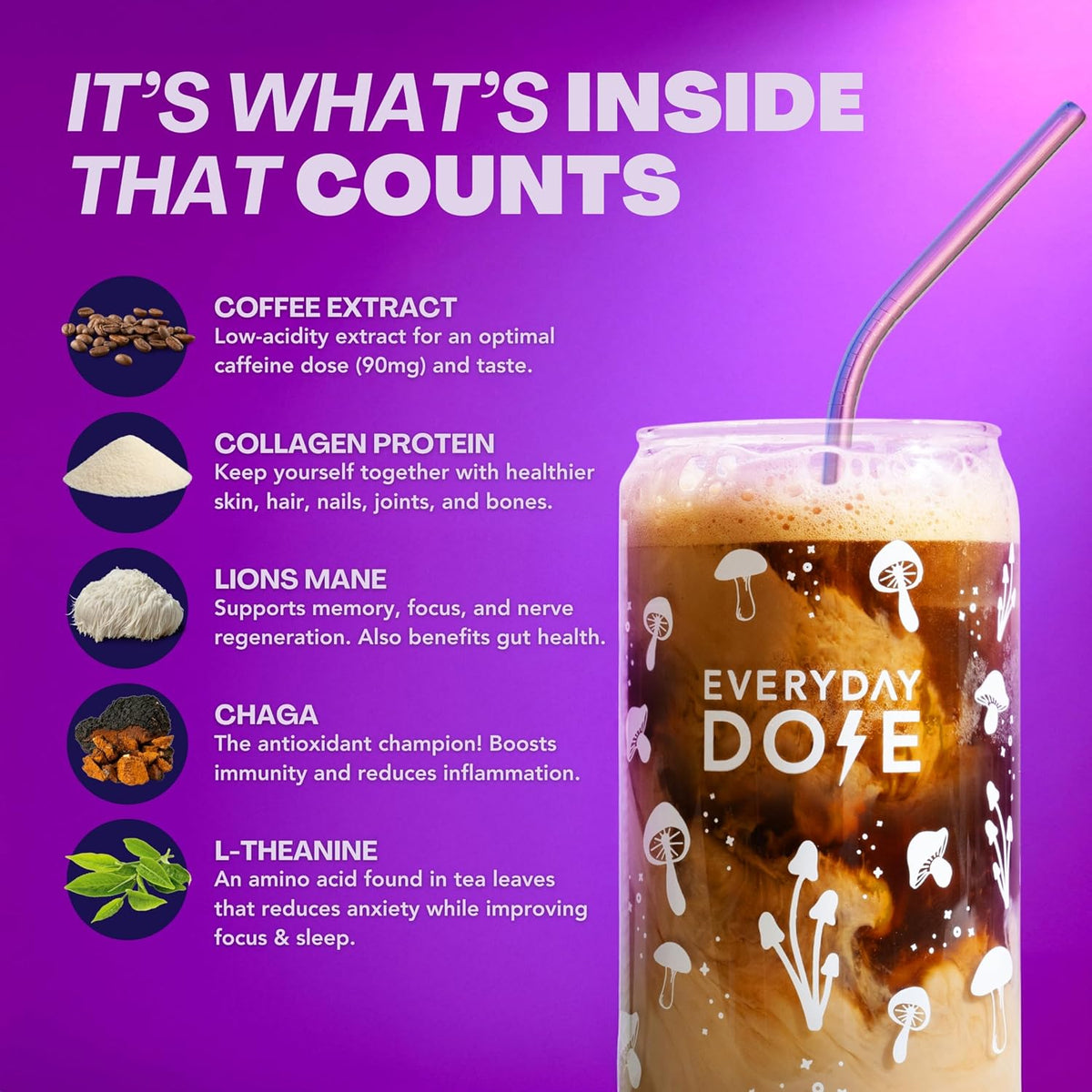 Everyday Dose Bold Medium Roast Mushroom Coffee 90mg Caffeine per serving with Grass-Fed Collagen, Chaga, Lions Mane & L-Theanine for Better Focus, Energy, Digestion, Skin, and Immunity 30 Servings