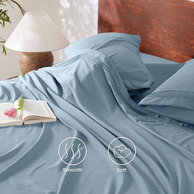 Bedsure Deep Pocket Queen Sheets Set - Fits Mattresses Up to 21 Inches Thick - 4 Piece GentleSoftTM Bed Sheets, Moisture Wicking, Soft  Cooling Bedsheet  Pillowcases, Easy  Secure Fit, Mineral Blue