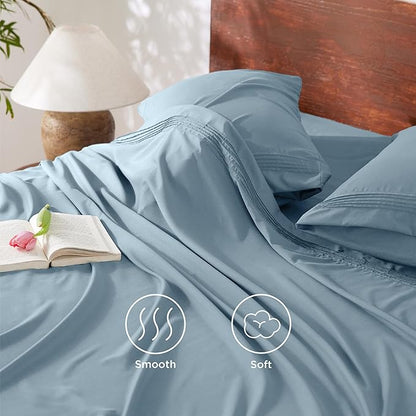 Bedsure Deep Pocket Queen Sheets Set - Fits Mattresses Up to 21 Inches Thick - 4 Piece GentleSoftTM Bed Sheets, Moisture Wicking, Soft  Cooling Bedsheet  Pillowcases, Easy  Secure Fit, Mineral Blue
