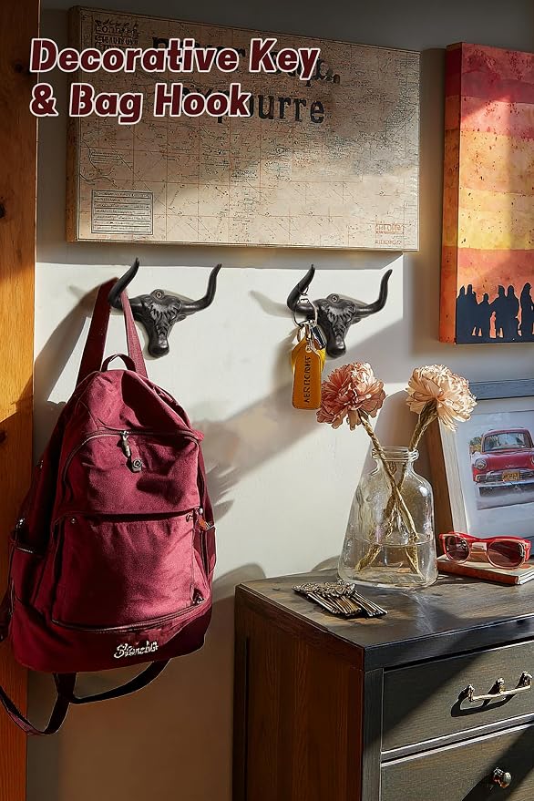 Cast Iron Coat Hooks Wall Mount 2 Pack Outdoor Western Decorative Wall Hooks Heavy Duty Towel Hooks for Bathroom Entryway Closet Cow Bull Animal Hooks Western Rustic Farmhouse Wall Decor, Antique Rust