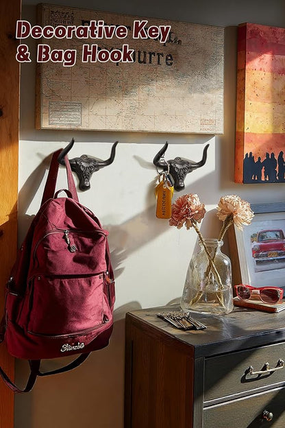 Cast Iron Coat Hooks Wall Mount 2 Pack Outdoor Western Decorative Wall Hooks Heavy Duty Towel Hooks for Bathroom Entryway Closet Cow Bull Animal Hooks Western Rustic Farmhouse Wall Decor, Antique Rust
