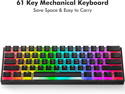 Ractous RTK61 60 Mechanical Gaming Keyboard with PBT Pudding keycap, RGB Backlit Hot Swappable Type-C 61Key Ultra-Compact Keyboard with Full Key Programmable-Black(Gateron Optical Blue Switch