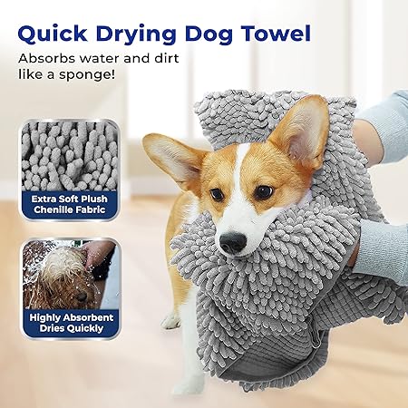 Muddy Mat Doggy Dryer, Highly Absorbent Microfiber Washable Dog Shammy Quick Drying Towel Absorber - Extra Soft Plush Wrap Chenille Bath Towels to Dry Soggy Large Pets  Small Puppy-Grey 13"x31"