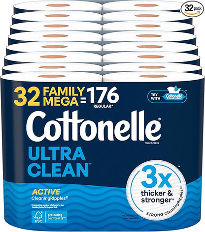 Cottonelle Ultra Clean Toilet Paper with Active CleaningRipples Texture, Strong Bath Tissue, 28 Family Mega Rolls = 176 Regular Rolls (7 Packs of 4)