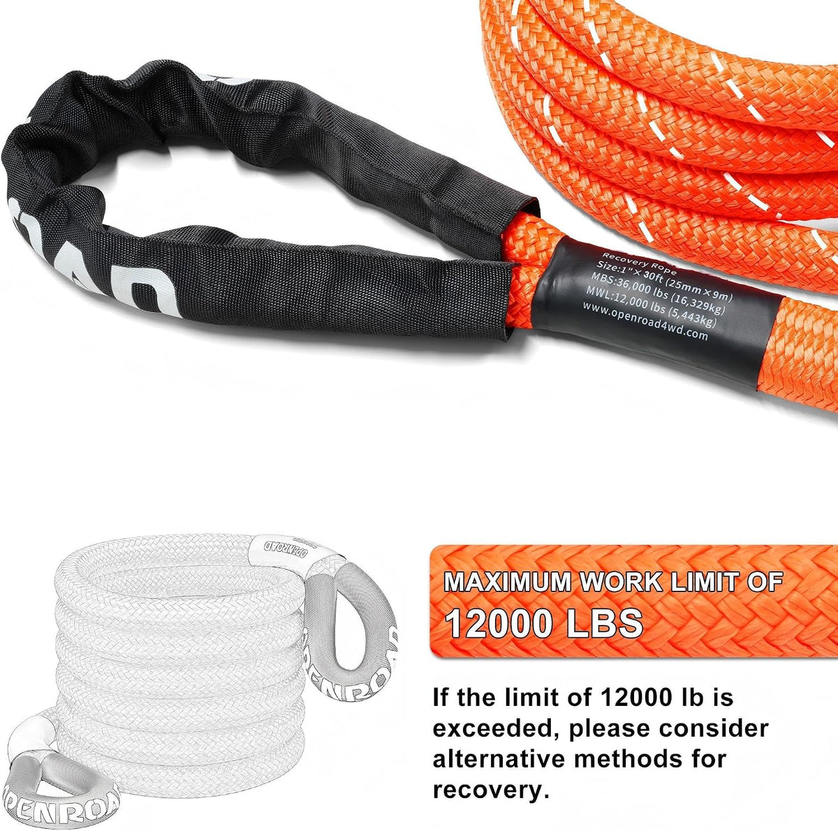 Kinetic Recovery Tow Rope, 36000 Lbs (1in x 30ft Orange with Soft Shackle) Extreme Duty 35% Elasticity Energy Offroad Snatch Strap, Vehicle Recovery Kit for Jeep Car Truck ATV UTV SUV