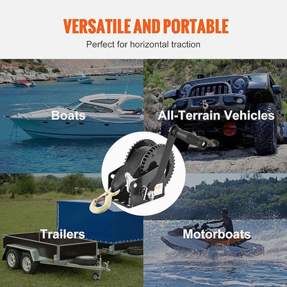 VEVOR Hand Winch, 2000 lbs Pulling Capacity, Boat Trailer Winch Heavy Duty Rope Crank with 23 ft Polyester Strap and Two-Way Ratchet, Manual Operated Hand Crank Winch for Trailer, Boat or ATV Towing
