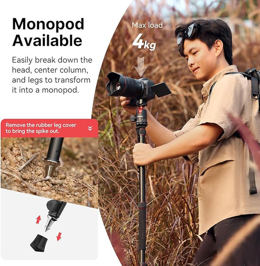 ULANZI TT31 - Quick release camera tripod with claw, folding aluminum tripod and monopod, detachable 360 ball head and QR plate with reversible legs of 180, payload of 33
