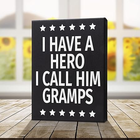 JennyGems Gift for Gramps, I Have a Hero I Call Him Gramps Wooden Sign, Shelf Decor and Wall Hanging, Made in USA