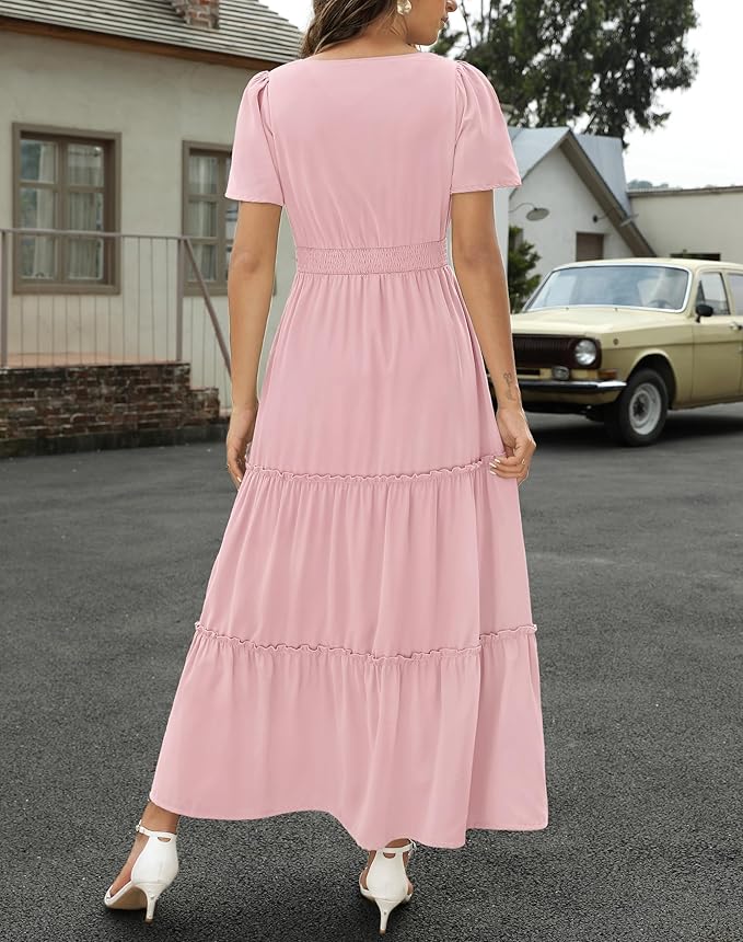 Zattcas Womens 2025 Long Summer Dress Short Flutter Sleeve V Neck Casual Smocked Tiered Modest Floral Boho Maxi Dress