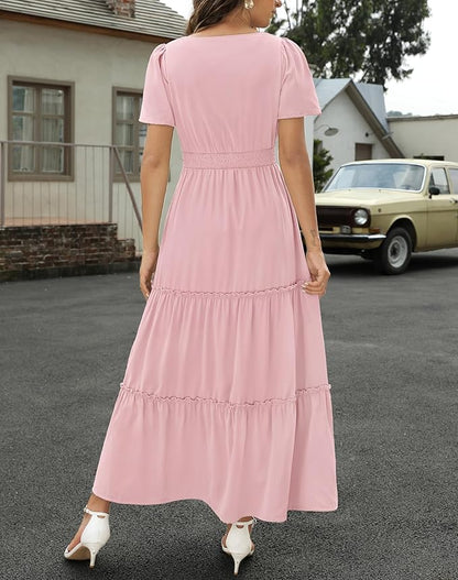 Zattcas Womens 2025 Long Summer Dress Short Flutter Sleeve V Neck Casual Smocked Tiered Modest Floral Boho Maxi Dress
