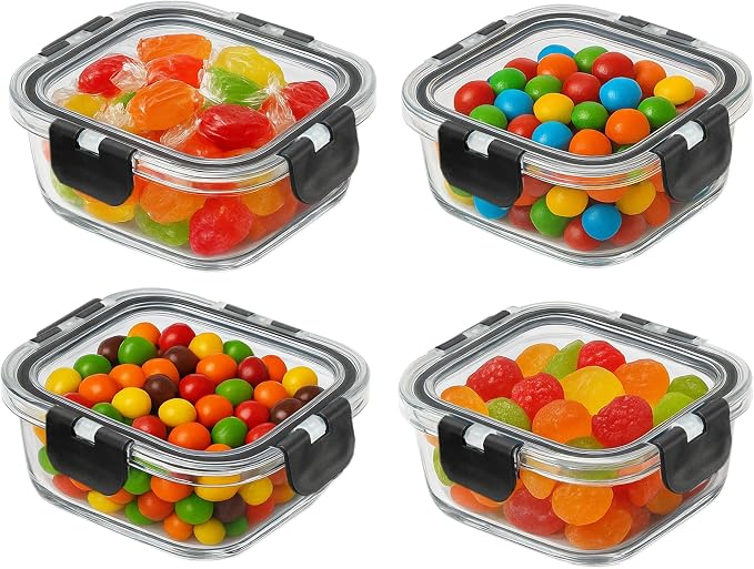 3 Set Glass Food Storage Containers Bowls with Airtight Snap Locking Lids for Meal Prep Leftovers Baking Lunch Boxes Dish (Black, 17oz Square)