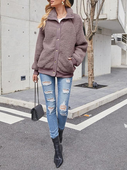 MEROKEETY Women's 2025 Winter Long Sleeve Button Sherpa Jacket Coat Pockets Warm Fleece