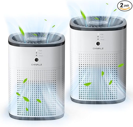 2 Pack CHIVALZ Air Purifiers for Bedroom with True HEPA Filter for Smoke, Dust, Pollen, Pet Dander, Small Air Purifiers for Home Bedroom, Quiet Air Cleaner with 24dB Sleep Mode, White & Black