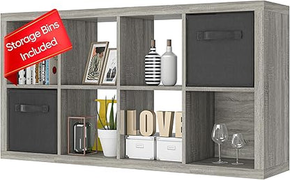 Bookshelf with Storage Bins, 8-Cube Storage Organizer with Back Panels, Modern Wood Open Bookcase, Multifunctional Display Shelf for Living Room, Bedroom, Home Office, Gray Oak