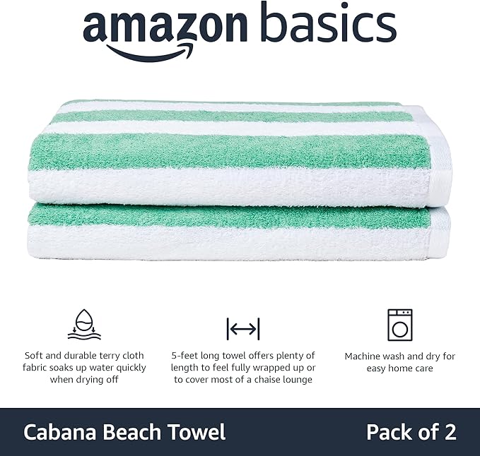 Basics 100% Cotton Terry Cabana Stripe Pool & Beach Towel, Soft & Absorbent, Quick Drying, Large, 2-Pack, Green, 30" x 60"