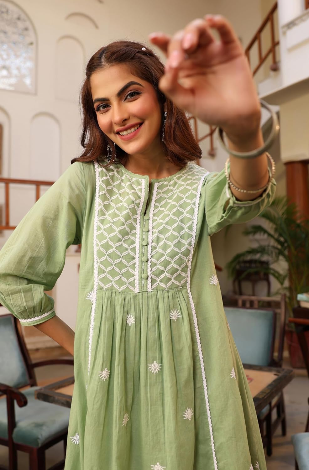 Indian Women's Cotton Green Embroidered Casual Wear Kurta Set for Women