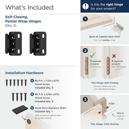 Amerock Cabinet Hinge 12 inch (13 mm) Overlay Hinge Matte Black 2 Pack Self-Closing Hinge Partial Wrap Hinge Cabinet Door Hinge