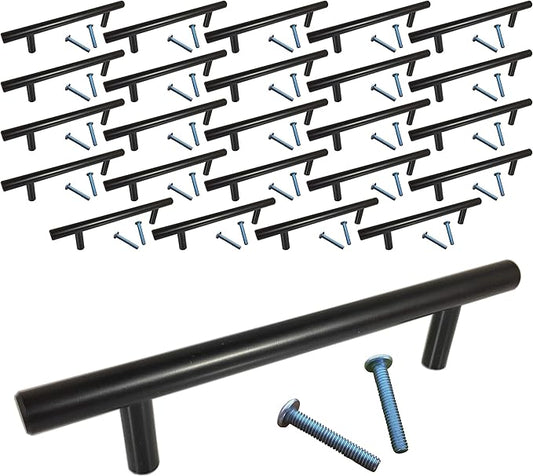 (25 Pack, L: 6 Inch CC: 4 Inch) Swiss Kelly Hardware Matte Black Kitchen Cabinet Handles Drawer Pulls