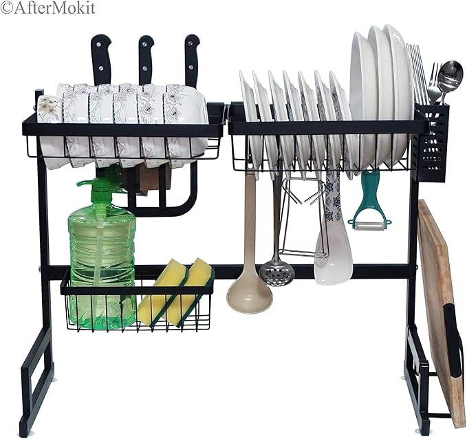 RV Kitchen Sink Rack Motorhome Over The Sink Dish Rack for 25 inch and Less Bowl Counter Space Dish Drying Rack for 27 inch and Up Cabinet Opening 26W x 21H x 13D Black Stainless Steel