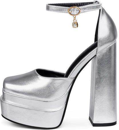 Womens Sexy High Heels Platforms Pumps Square Toe Chunky Block Heels Rhinestone Party Shoes