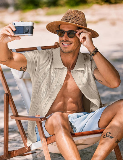 COOFANDY Men's Knit Shirt Short Sleeve Button Down Shirts Vintage Casual Summer Beach Shirts