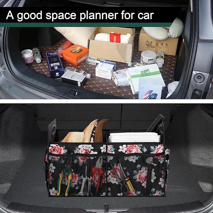 Femuar Car Trunk Organizer,Car Storage Organizer with 72L Large Capacity Waterproof Collapsible and 11 Pockets,Trunk Organizer for Car SuvJeepSedan, Large Size, Flower