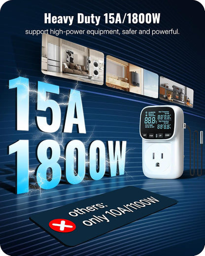 Digital Temperature Controller Outlet (Does Not Include Sensor Wire), 15A/1800W Heavy Duty Thermostat Plug, VA LCD Display, Heating/Cooling Control, -40°F~210°F, 4 Timer Modes, for Greenhouse Incubator Homebrew W01TC06