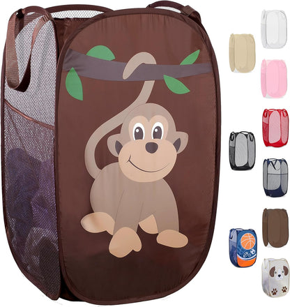 Handy Laundry Collapsible Mesh Pop Up Laundry Hamper with Side Pocket – Breathable, Space-Saving, Foldable Basket for Clothes, Toys, Travel & Storage, 14 x 13 x 24 in, Monkey