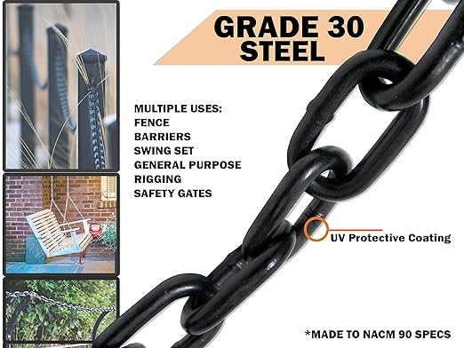 38"" X 10' Black Powder Coated Safety Chain  Working Load: 2,650 LBS Grade 30 Proof Coil  UV Protection  Swing Set Barrier Gate  Steel Chain  Heavy Duty