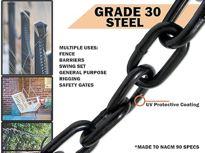38"" X 10' Black Powder Coated Safety Chain  Working Load: 2,650 LBS Grade 30 Proof Coil  UV Protection  Swing Set Barrier Gate  Steel Chain  Heavy Duty