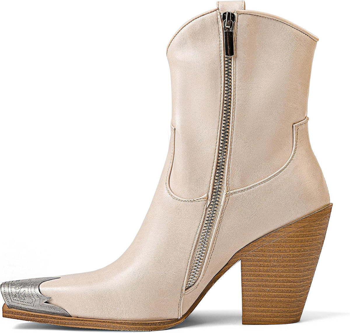 HoanTiai Cowboy Ankle Boots for Women Engraved Steel Toe Cowgirl Boots Stacked Block Heels Short Cowboy Boot Fashion Dressy Western Country Booties