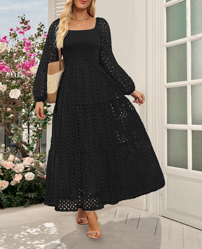 XL, Women's Fall Long Puff Sleeve Maxi Dress Smocked Square Neck Lace Hollow Out Eyelet A Line Boho Flowy Wedding Guest Dresses.