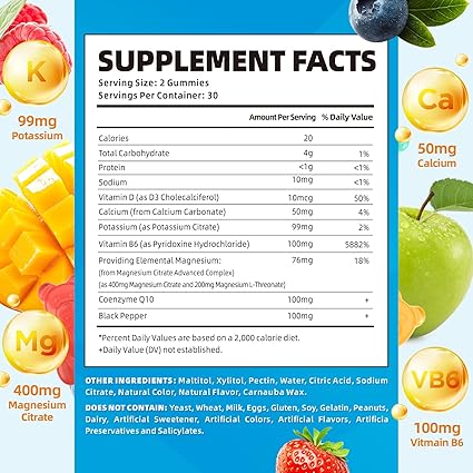 softbear Potassium Gummies for Adults, High Absorption Potassium Magnesium Supplement with Vitamin B6 CoQ10 for Leg Cramps  Muscle Health Sugar-Free Vegan Mixed Fruit Flavor 60 Gummies