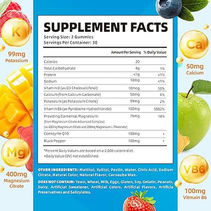 softbear Potassium Gummies for Adults, High Absorption Potassium Magnesium Supplement with Vitamin B6 CoQ10 for Leg Cramps  Muscle Health Sugar-Free Vegan Mixed Fruit Flavor 60 Gummies