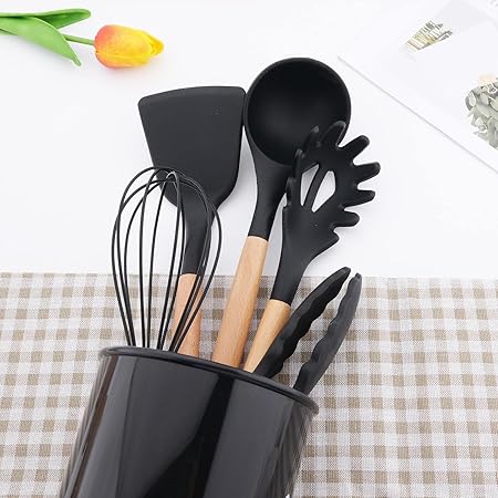 1Pcs Black Silicone Wood Turner Soup Spoon Spatula Brush Scraper Pasta Server Egg Beater Kitchen Cooking Tools Kitchenware