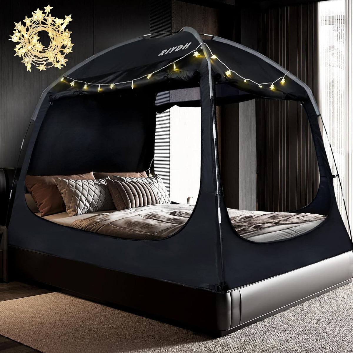 Bed Tent Full Canopy for Adult and Kids Blackout 93% Indoor Sleep Tents Original Design Dream Tents Portable Big Space with String Light 3 Doors Full Size
