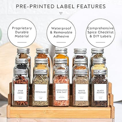 Laramaid 6oz 30Pack Glass Jars with Minimalist White Spice Labels, Shaker Lids Dispenser with Airtight Silver Metal Caps, Black Pen, Cleaning Brush  Collapsible Silicone Funnel