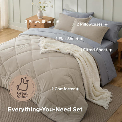 Bedsure King Size Comforter Set - 7 Pieces Reversible Beige Bedding, King Size Bed Set for All Seasons, Bed in a Bag with Down Alternative Comforter, Sheets, Pillowcases & Shams
