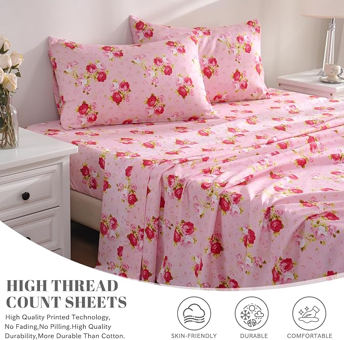 Bedlifes Full Size Sheet Sets Ultra Soft Breathable Silky Flower Bed Sheets Deep Pocket 100 Microfiber Bedding Sheets 4 Piece Full Size Pink Floral(Red Rose)