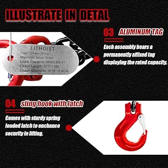 Chain Sling 516'' x 5 Ft Double Leg with Grab Hooks  Chain Slings for Lifting 3 Ton Capacity  G80 Mn-Steel Chain Sling with Standard Marking  for Cargo Security Towing and handling