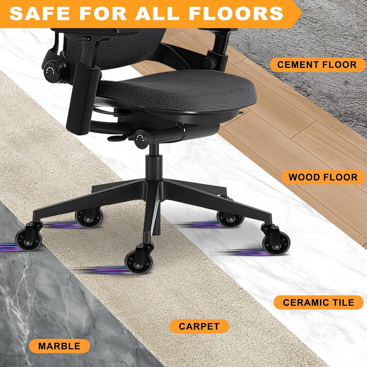 3PC Office Chair Wheels for Casters Replacement - 3" Rubber Wheels for Computer Gaming Desk Caster Smooth & Safe Rolling for All Floors Including Hardwood and Carpet - Set of 3 - Black