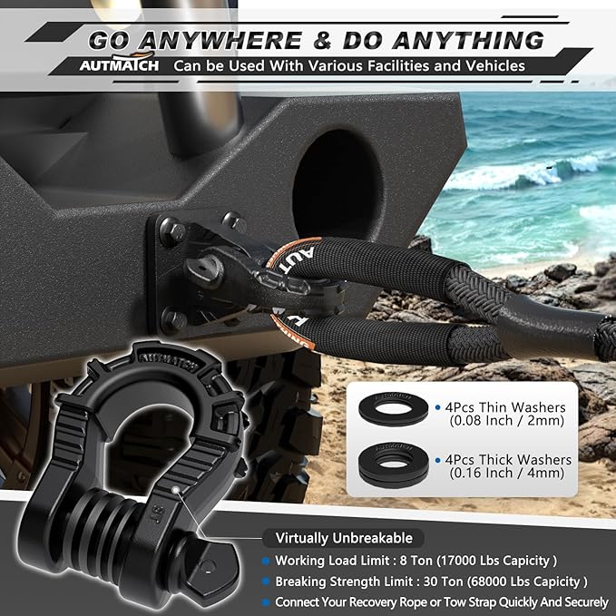 AUTMATCH D Ring Shackles 34" Mega Shackle (2 Pack) 68,000Ibs Break Strength - Clevis Shackle 78" Screw Pin, D Shackle IsolatorWasher Kit for Tow Strap Winch Off Road Vehicle Recovery, Frosted Black