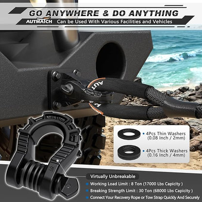 AUTMATCH D Ring Shackles 34" Mega Shackle (2 Pack) 68,000Ibs Break Strength - Clevis Shackle 78" Screw Pin, D Shackle IsolatorWasher Kit for Tow Strap Winch Off Road Vehicle Recovery, Frosted Black