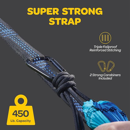 Durable Hammock 500 lb Capacity, Nylon Camping Hammock Chair - Double or Single Sizes w/Tree Straps and Attached Carry Bag - Portable for Travel/Backpacking/Beach/Backyard (Large, Blue & Light Blue)