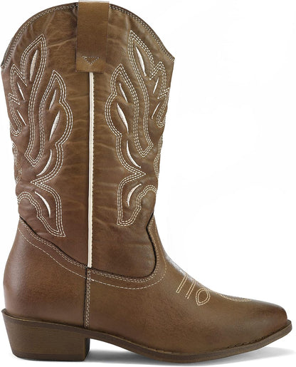 mysoft Cowboy Boots For Women - Western Cowgirl Boots Mid Calf Chunky Heel Booties Pointed Toe Country Shoes