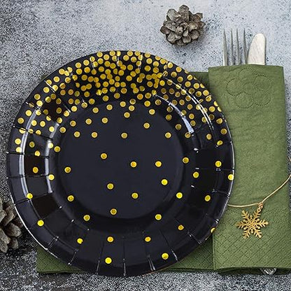 Aneco 60 Pieces 7 Inches Black Bronzing Disposable Paper Plates Dinnerware Plates Gold Foil Polka Dot Plates for Party Graduation Wedding Anniversary Birthday